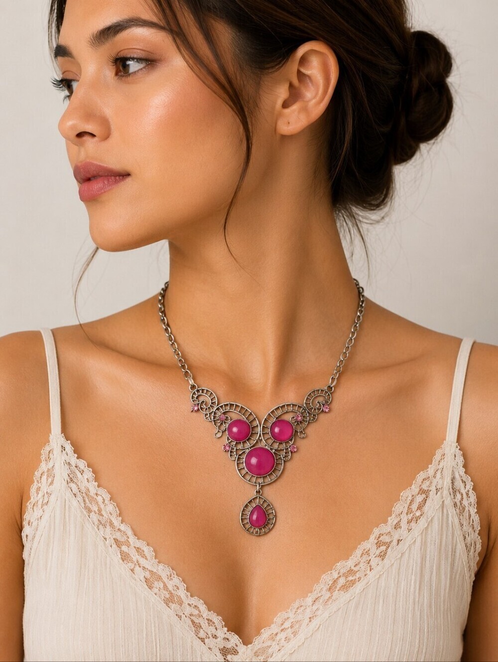3/$25 Pink Cabochon Teardrop Lavalier Pendant Fantasy Castlecore Chain Necklace